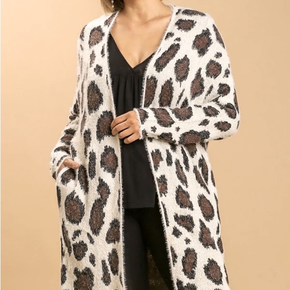 Umgee Fuzzy Eyelash Leopard Longline Open Front Cardi Cardigan Sweater - Picture 7 of 13